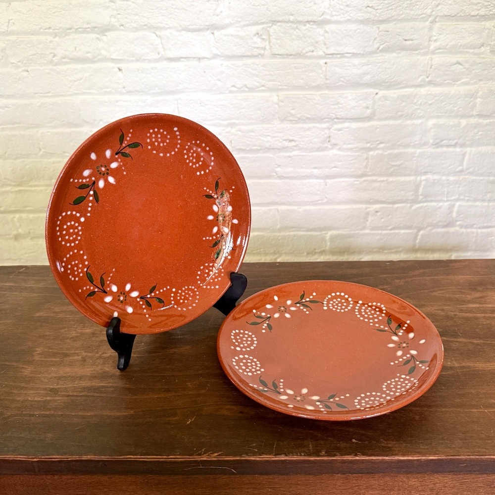 Vintage Folk Art Hand Painted Terracotta Floral Plates Set of 2